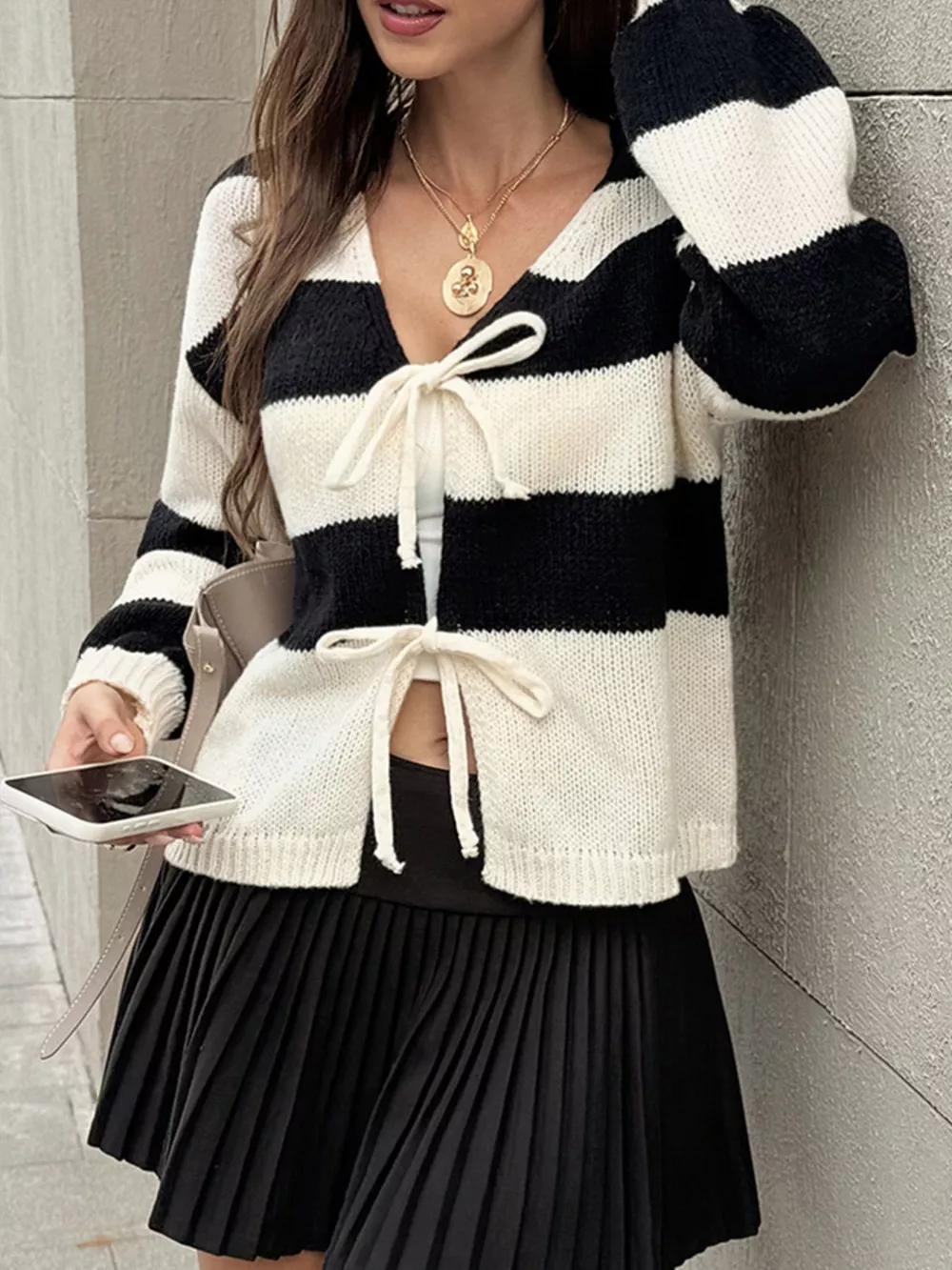 Striped Tie-Front Knit Cardigan, image 3
