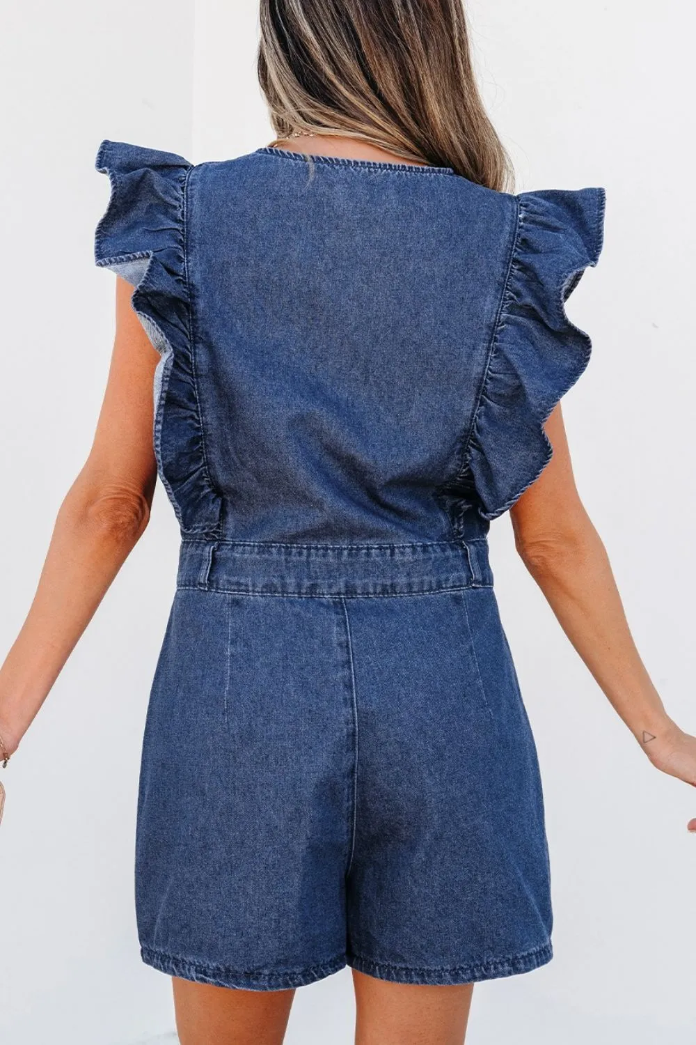 Denim Ruffled Zipped Front Belted Romper, image 5