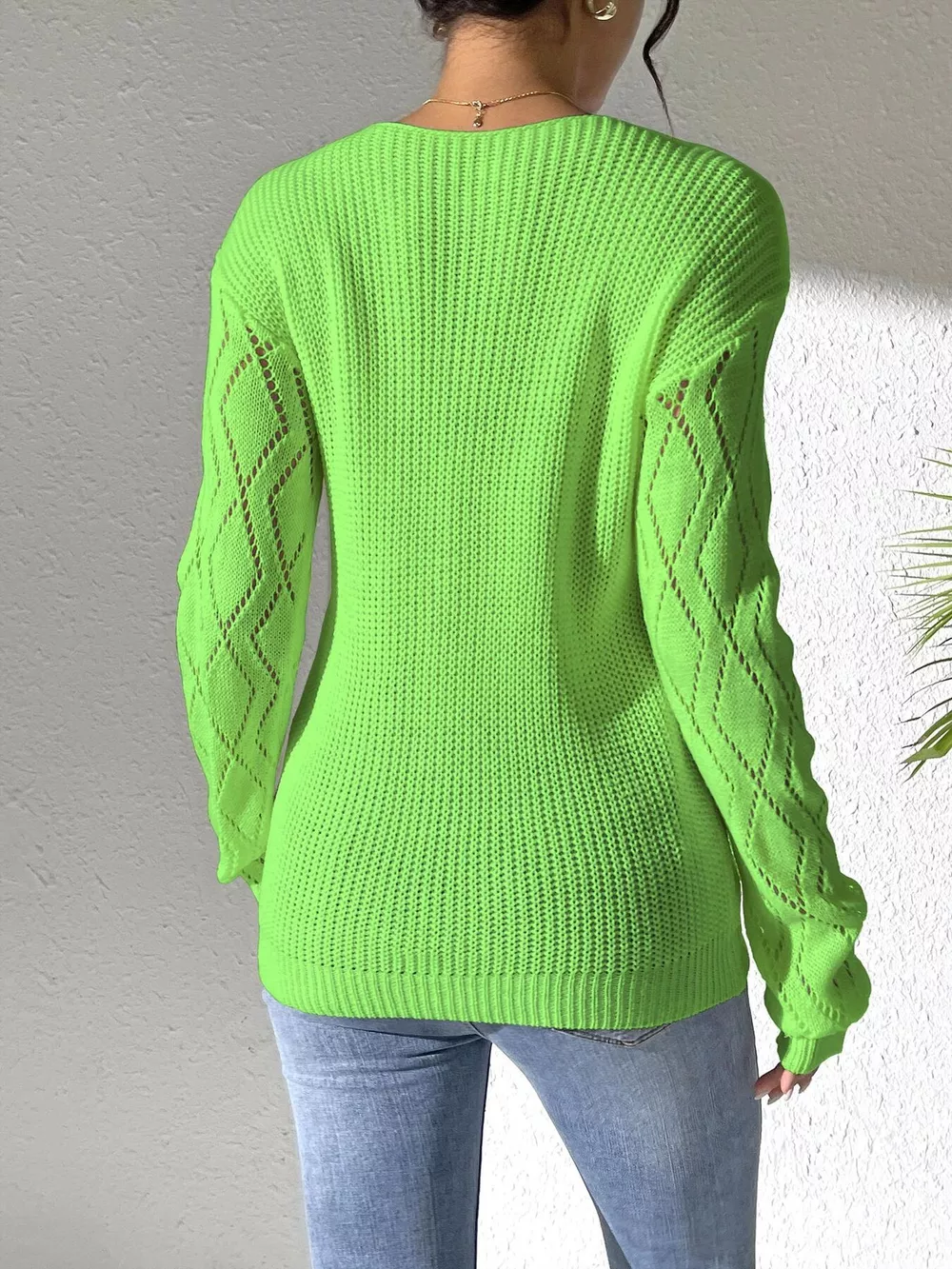 Floral Applique V-Neck Openwork Sweater, image 14