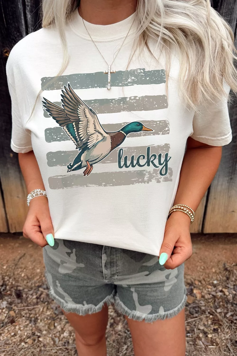 Full Size Retro Mallard Striped Print Casual Short Sleeve T Shirt Plus Size, image 2