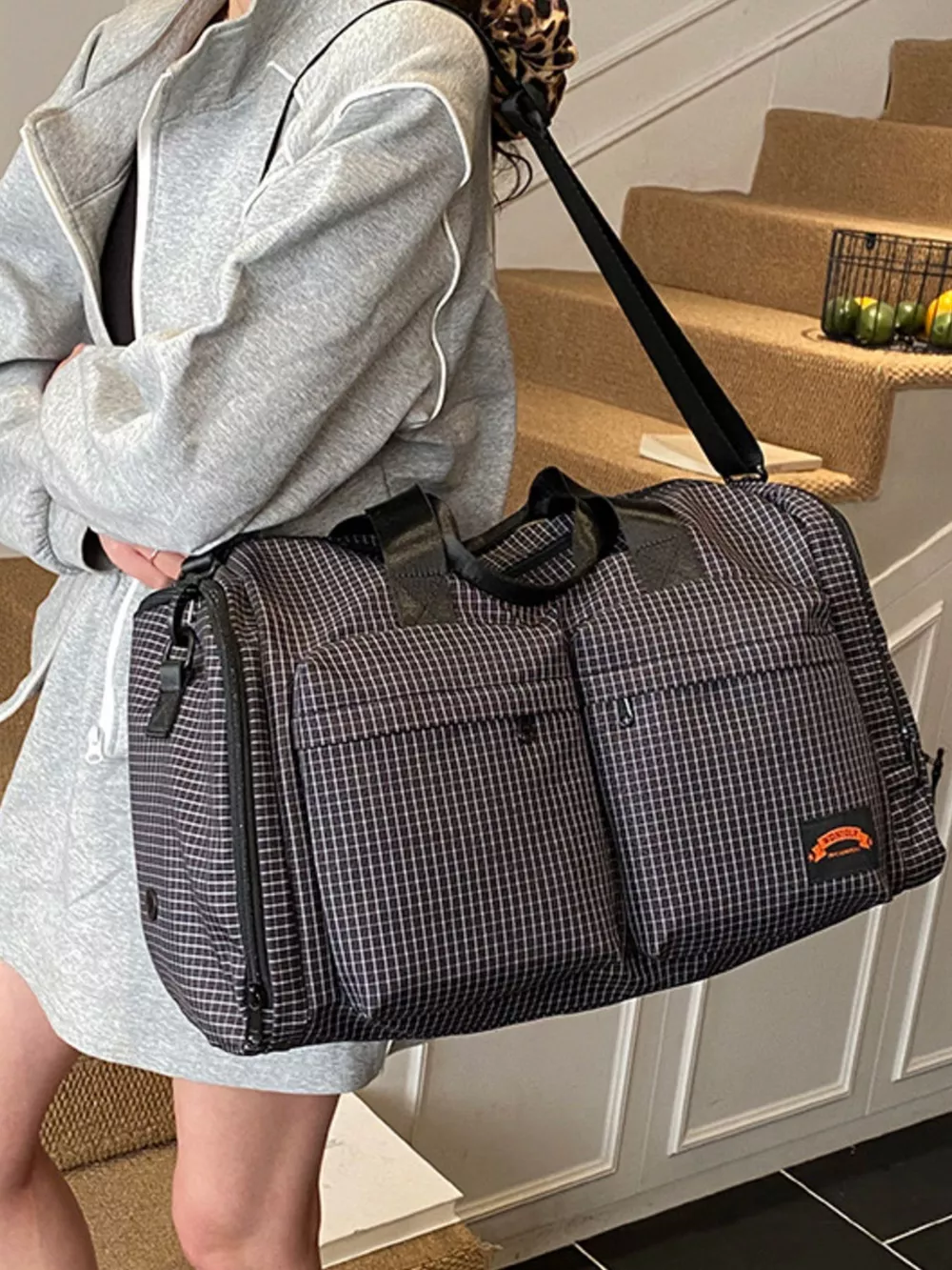 Plaid Duffel Bag with Multiple Pockets, image 6