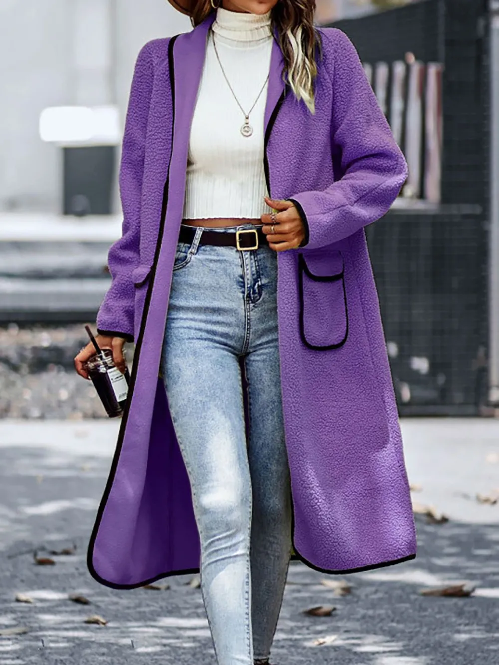 Full Size Contrast Trim Long Sleeve Coat with Pockets, image 7