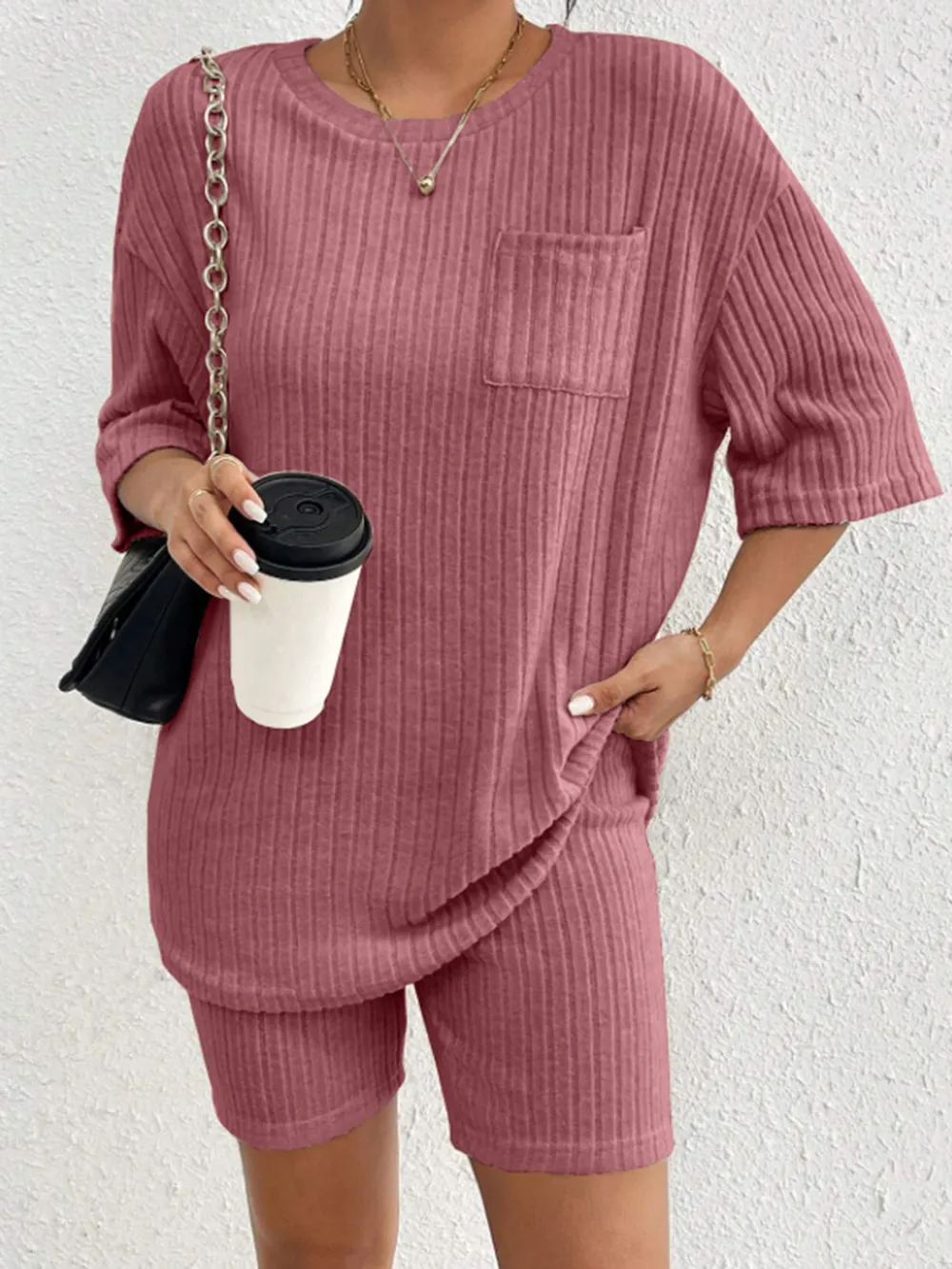 Ribbed Round Neck Top and Shorts Set, image 17