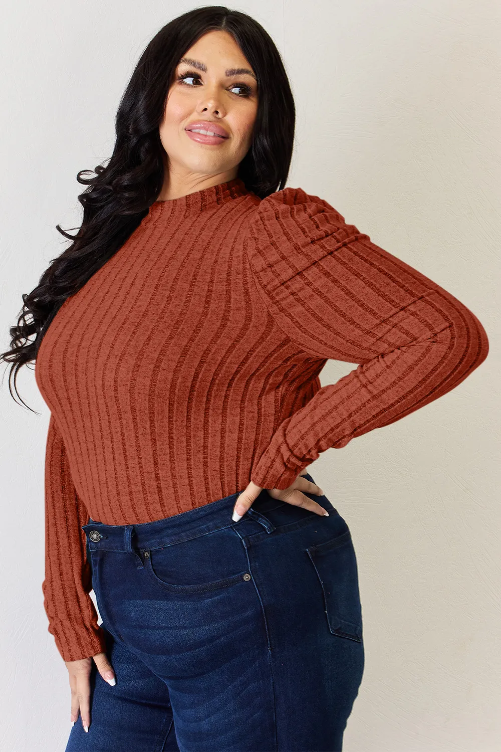 Full Size Ribbed Mock Neck Puff Sleeve T-Shirt, image 18
