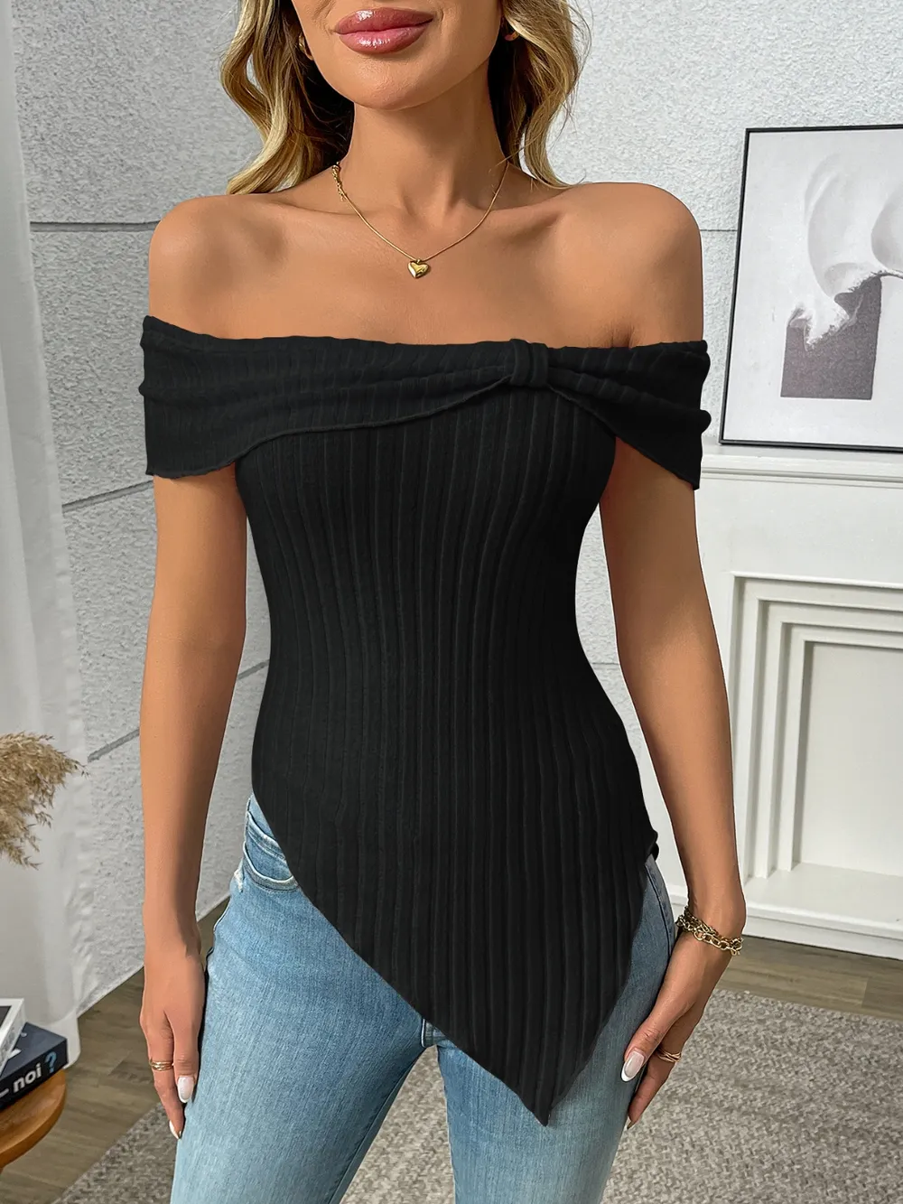 Ribbed Off-Shoulder Asymmetrical Hem T-Shirt, image 8