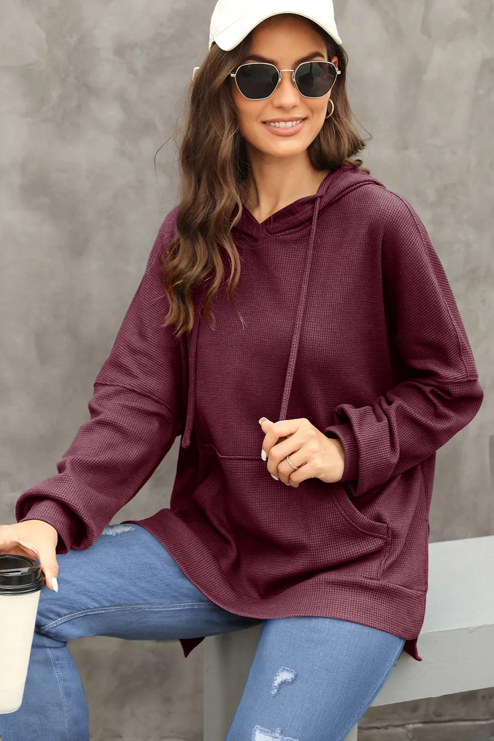 Waffle-Knit Long Sleeve Hoodie, image 12