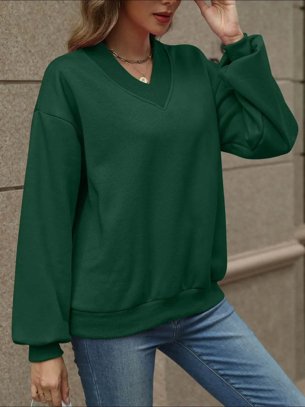 V-Neck Long Sleeve Dropped Shoulder Sweatshirt, image 34