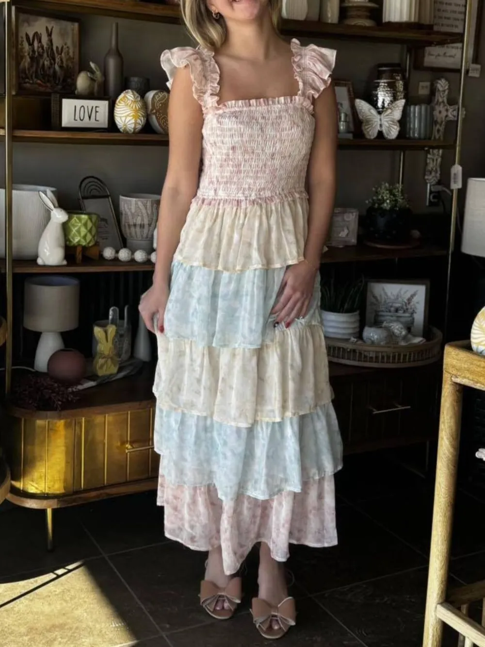 Smocked Ruffle Layered Floral Midi Dress, image 12