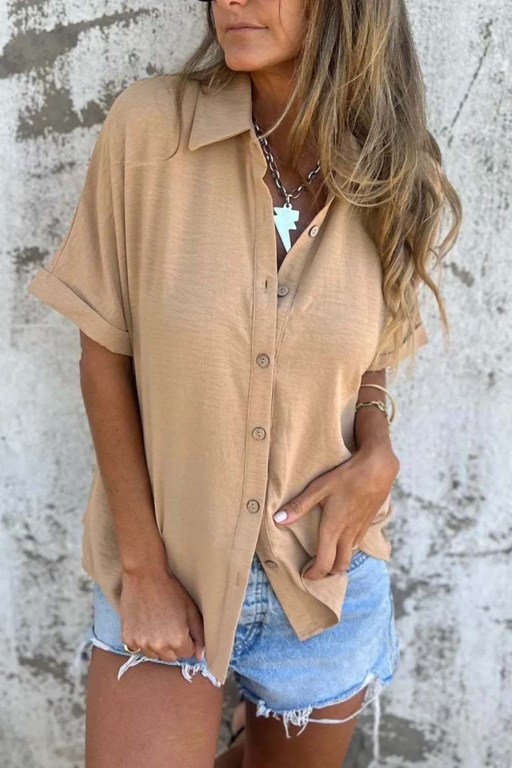 Full Size Casual Button Down Short Sleeve Loose Shirt Plus Size, image 8