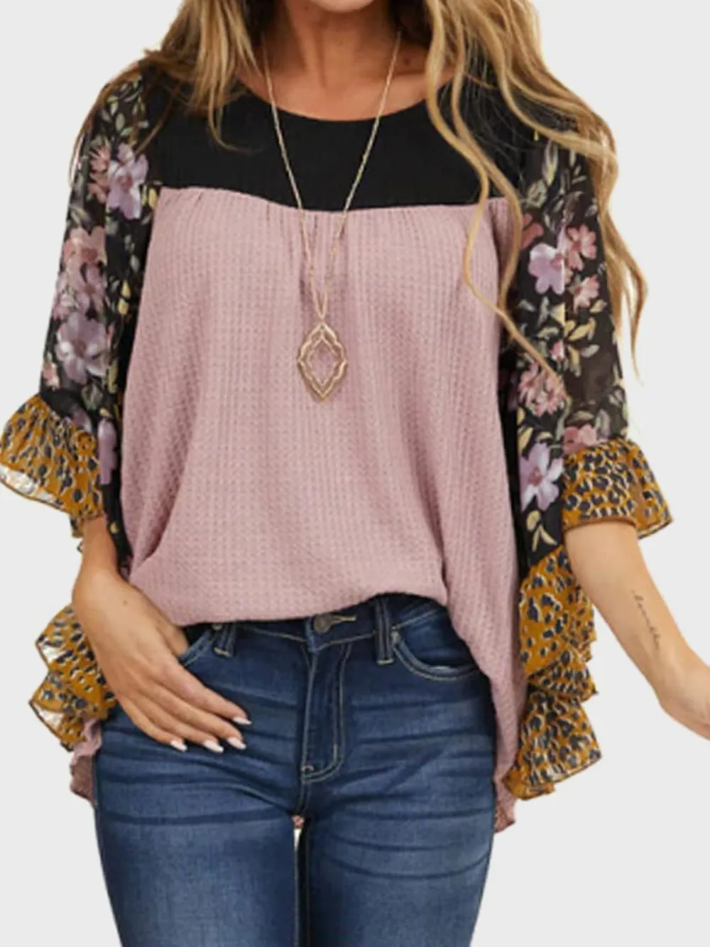 Full Size Printed Round Neck Three-Quarter Sleeve Blouse, image 10