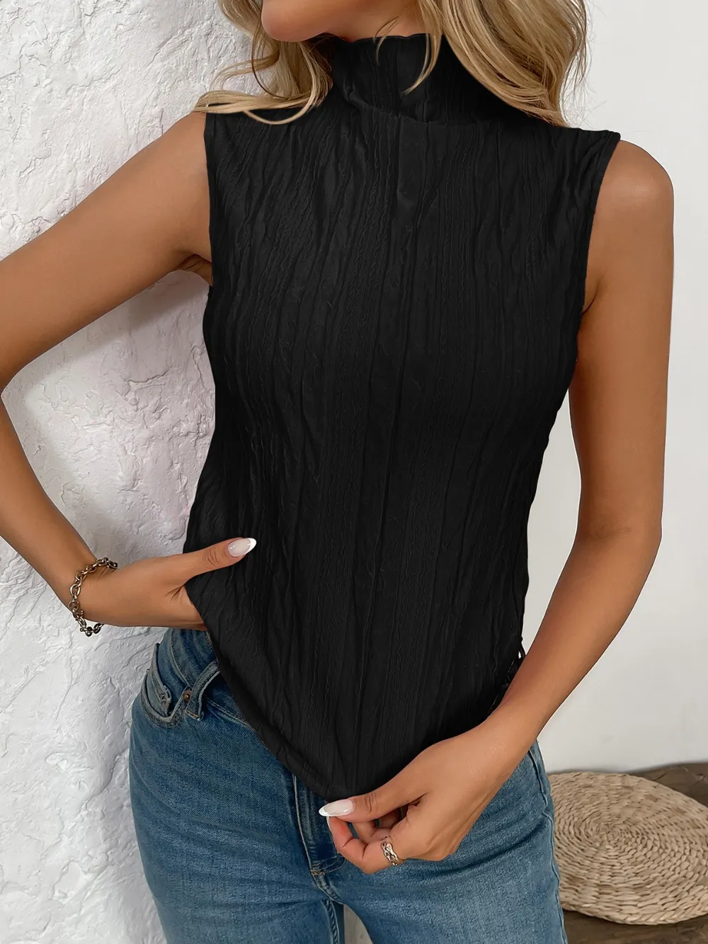Texture Turtleneck Sleeveless Top, image 8