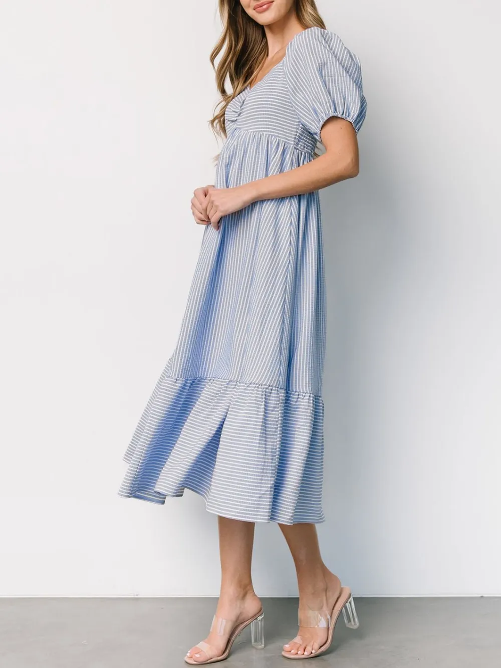 Striped Sweetheart Neck Puff Sleeve Midi Dress, image 5