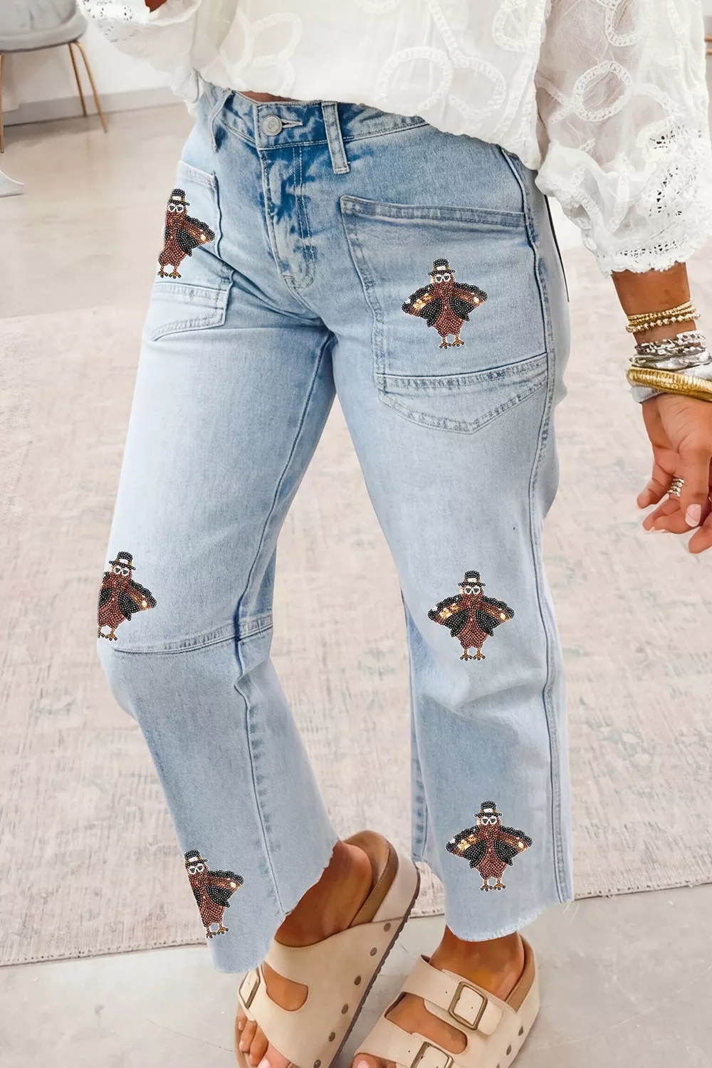 Sequin Turkey Patch Pocket Raw Hem Ankle Length Jeans, image 2