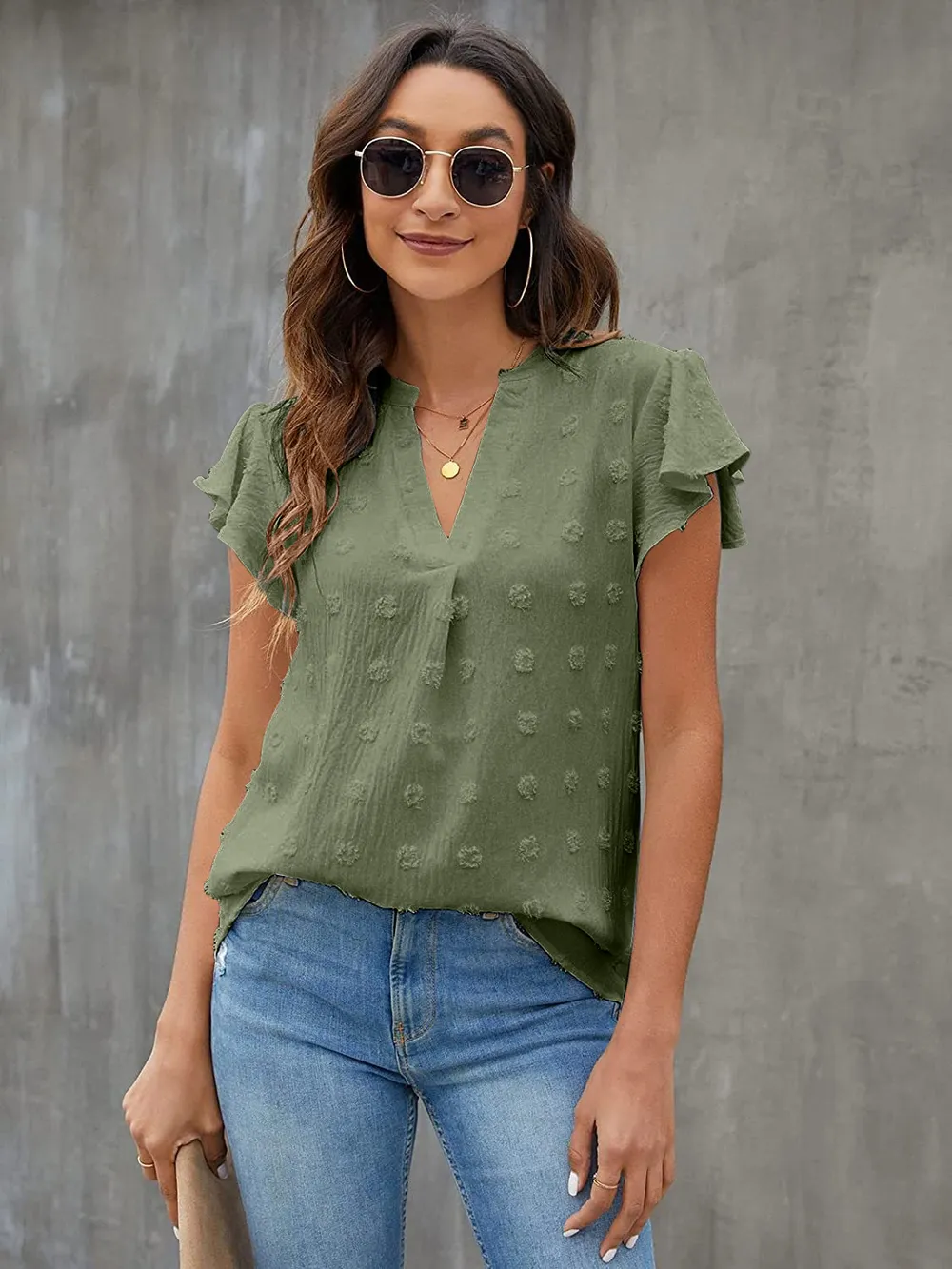 Swiss Dot Notched Flutter Sleeve Blouse, image 15