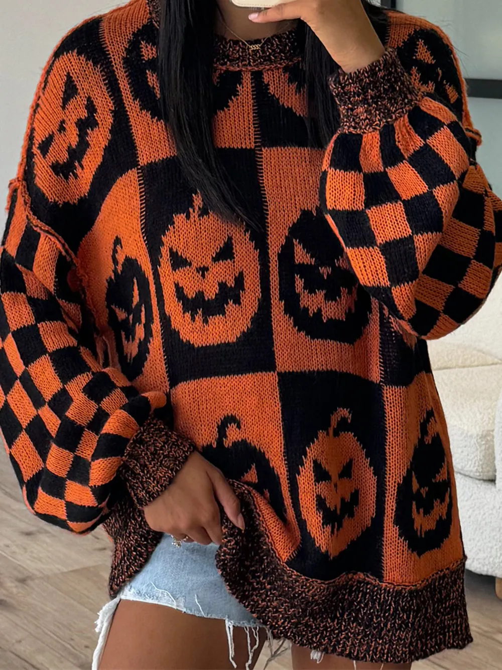 Exposed Seam Pumpkin Round Neck Long Sleeve Sweater, image 3