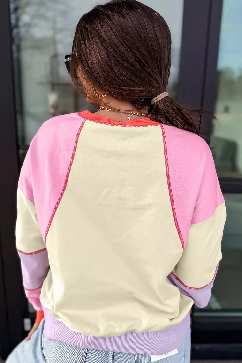 Multicolour Exposed Seam Colorblock Patchwork Long Sleeve Top, image 4