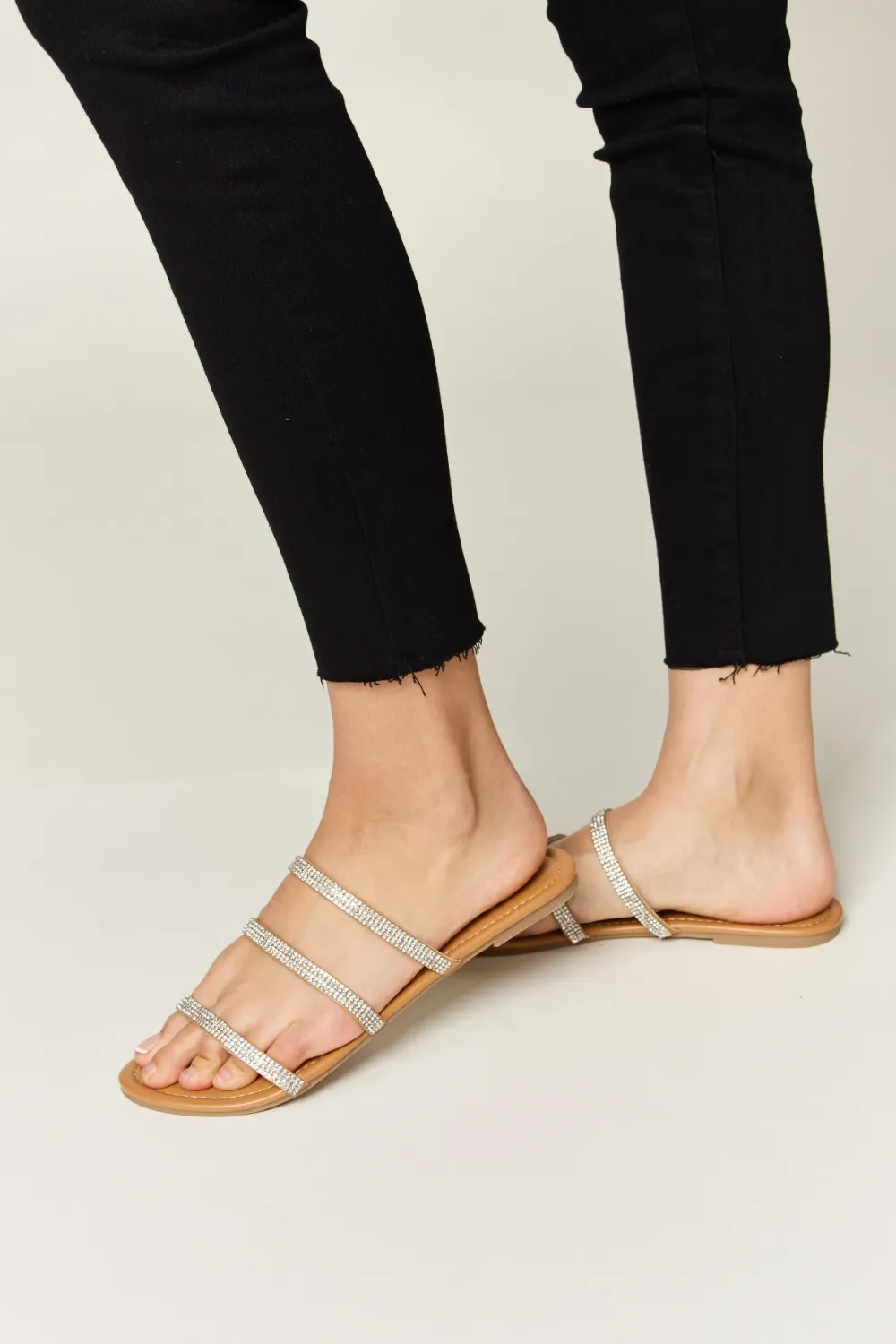 Rhinestone Three-Strap Flat Sandals, image 4