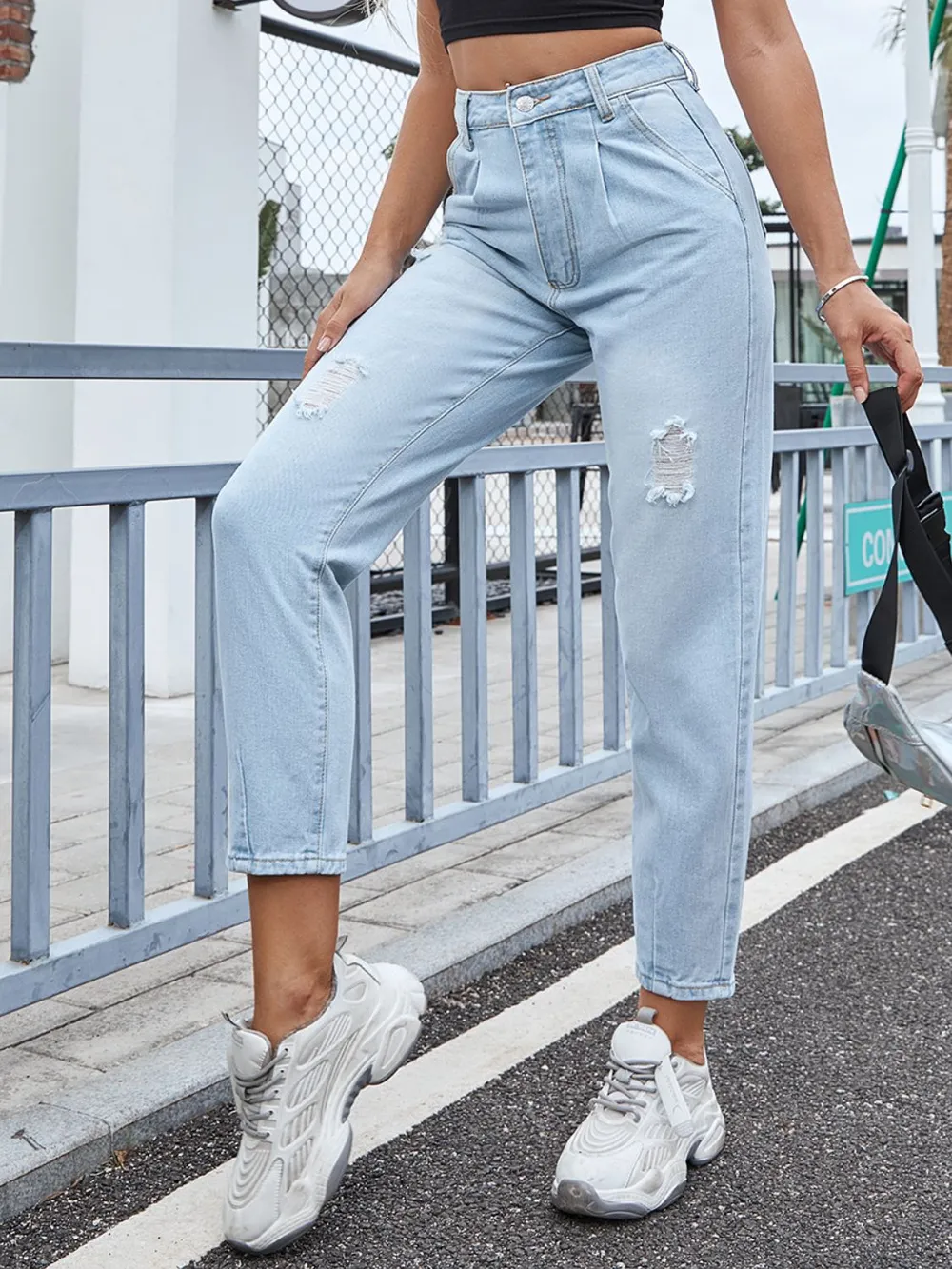 Distressed Straight Jeans with Pockets, image 3
