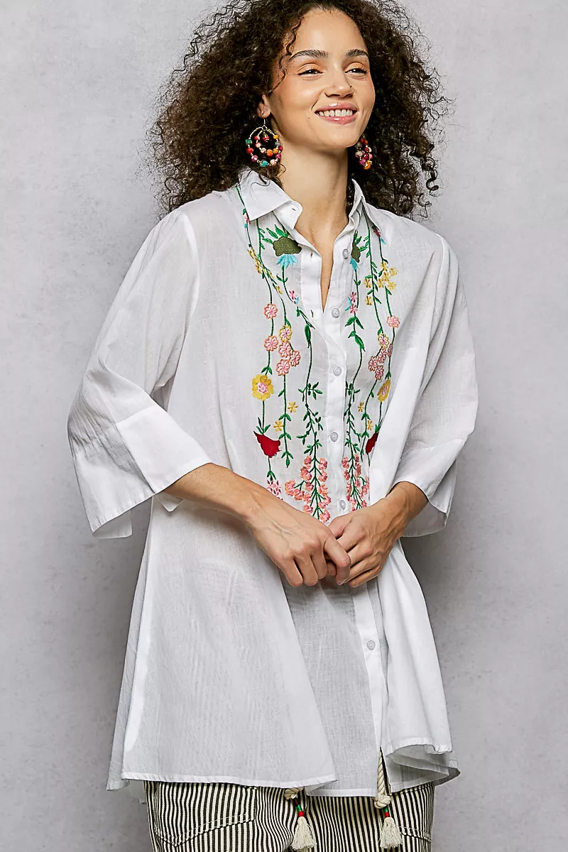 Floral Embroidered Half Sleeve Cotton Shirt, image 3