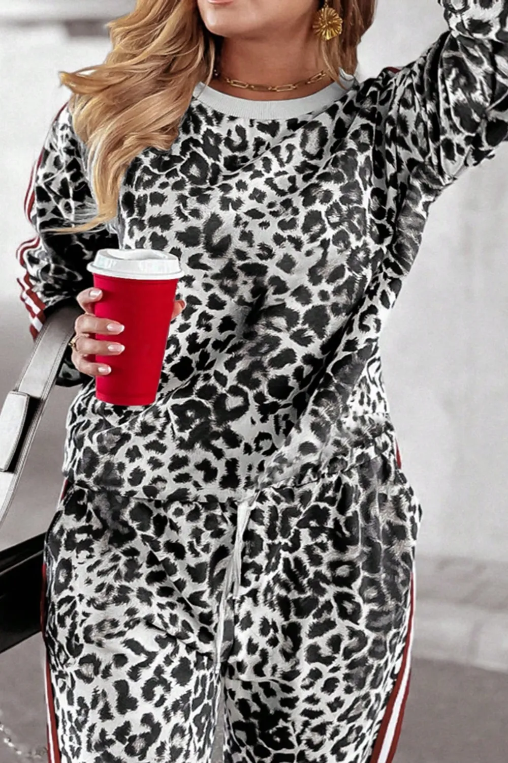 Plus Size Leopard Round Neck Top and Pants Set, image 6