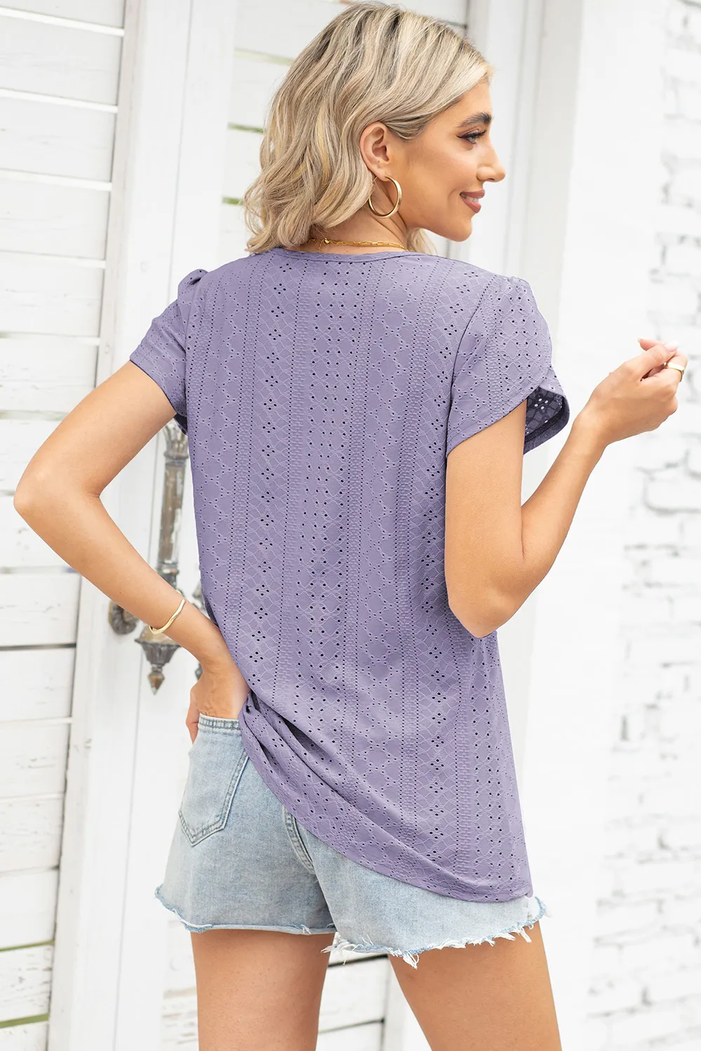 Eyelet Notched Petal Sleeve Blouse, image 24
