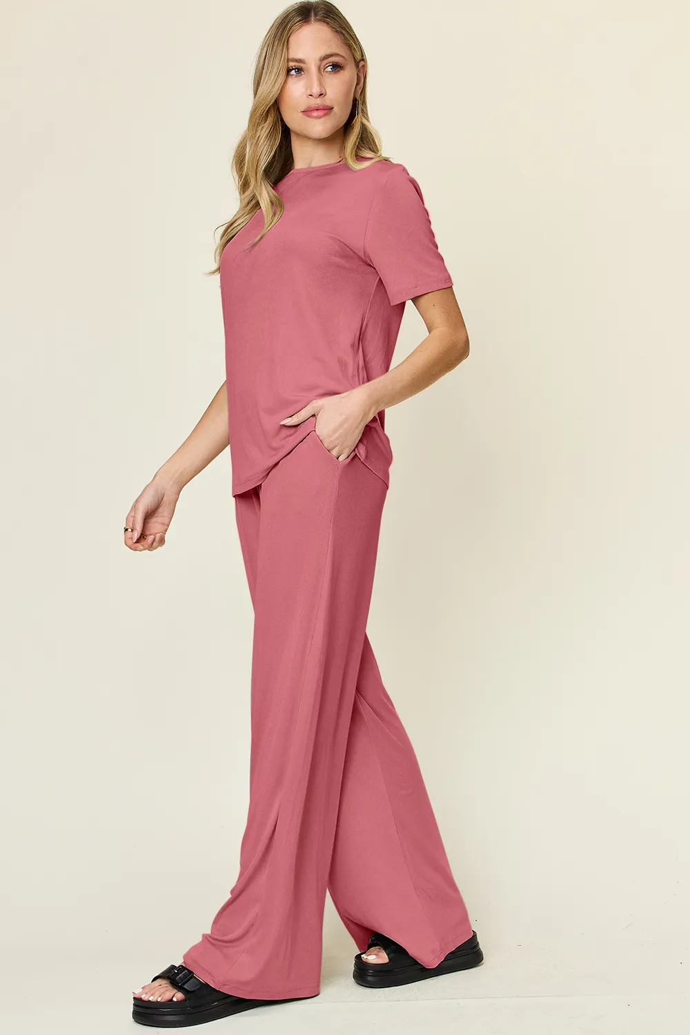 Full Size Round Neck Short Sleeve T-Shirt and Wide Leg Pants Set, image 8