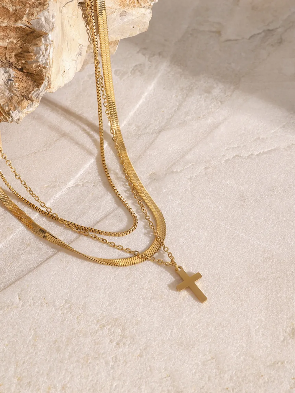 18K Gold-Plated Three-Layered Cross Necklace, image 6