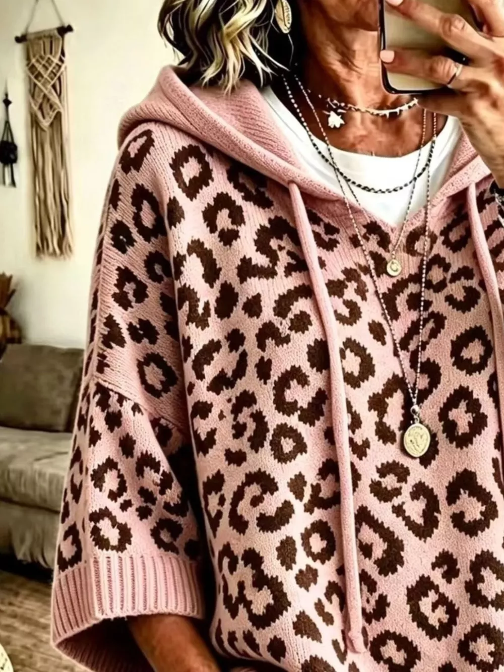 Leopard Print Hooded Knit Sweater, image 6