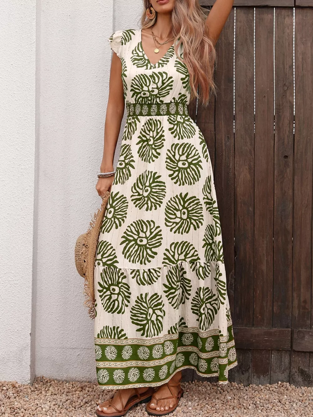 Printed V-Neck Cap Sleeve Maxi Dress, image 3