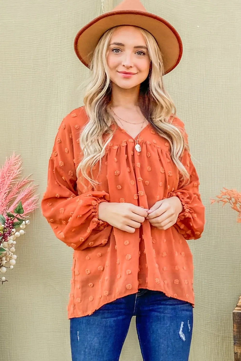 Swiss Dot V Neck Balloon Sleeve Woven Blouse, image 3