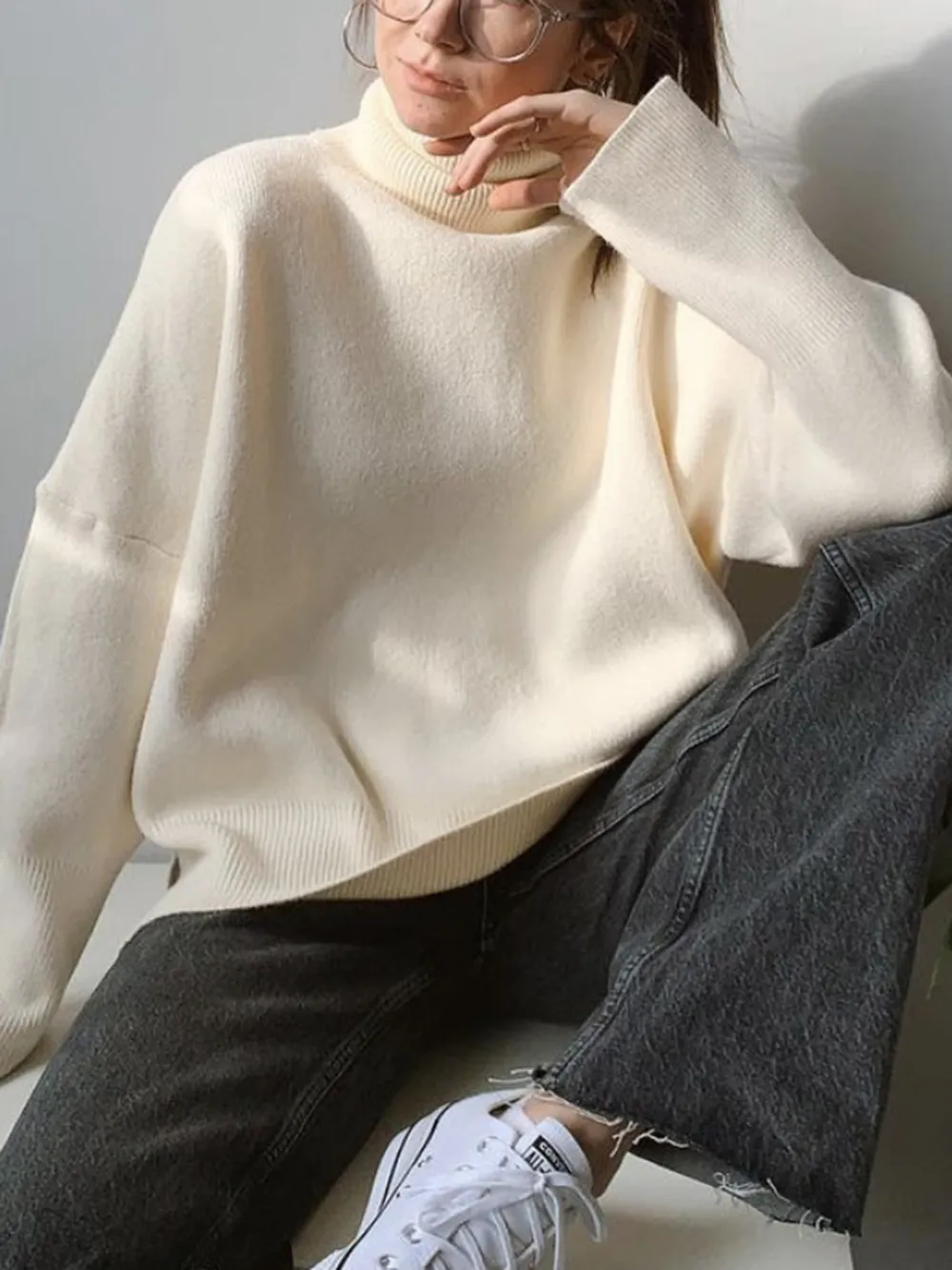 Ribbed Detail Turtleneck Dropped Shoulder Sweater, image 4