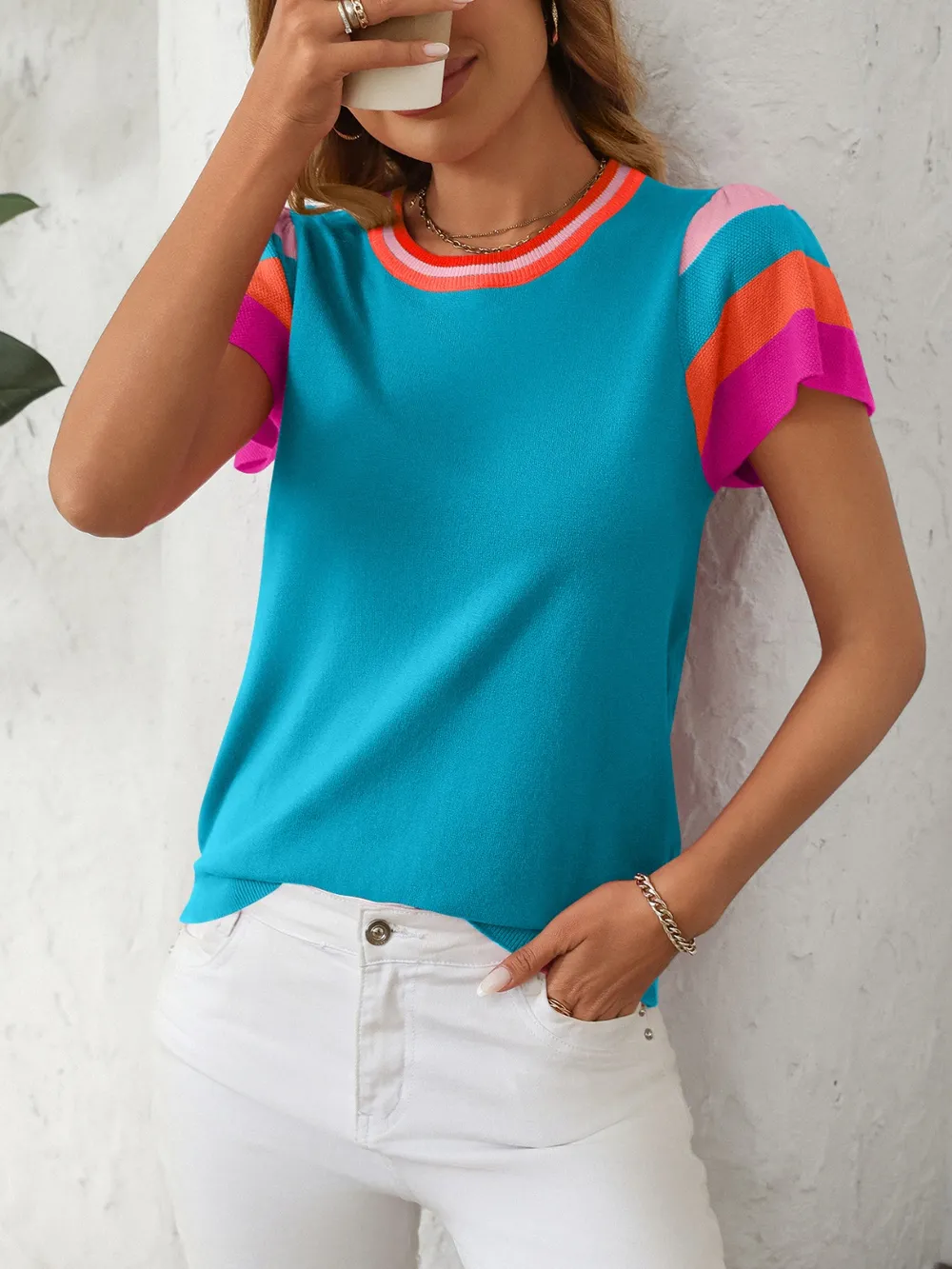Contrast Round Neck Short Sleeve Knit Top, image 14
