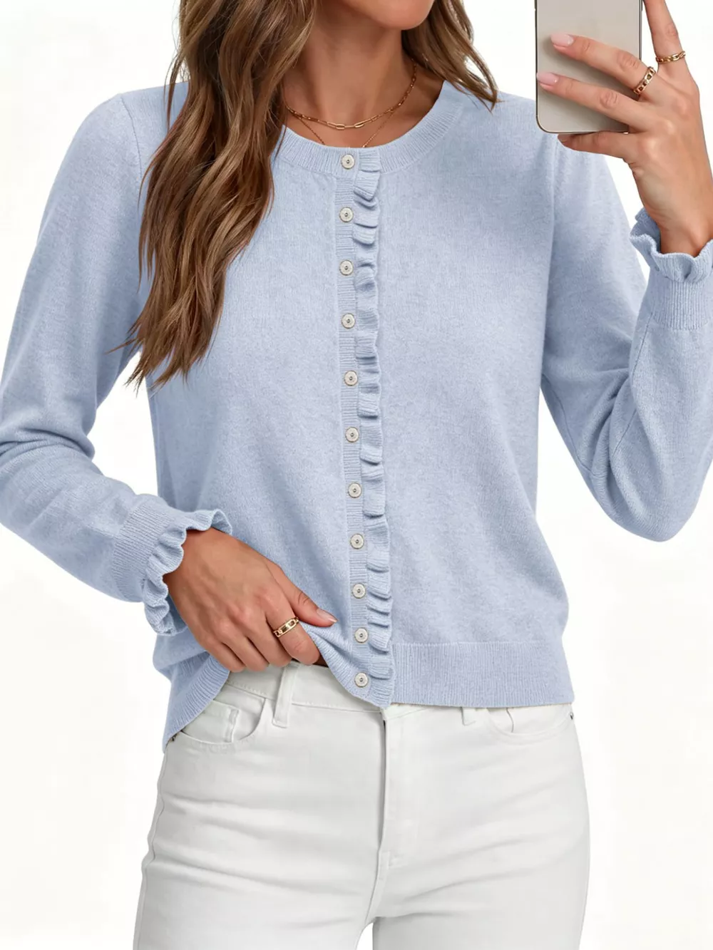 Ruffle-Trimmed Button-Down Knit Cardigan, image 12