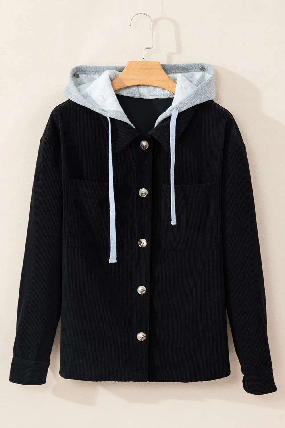 Drawstring Button Up Long Sleeve Hooded Jacket, image 6