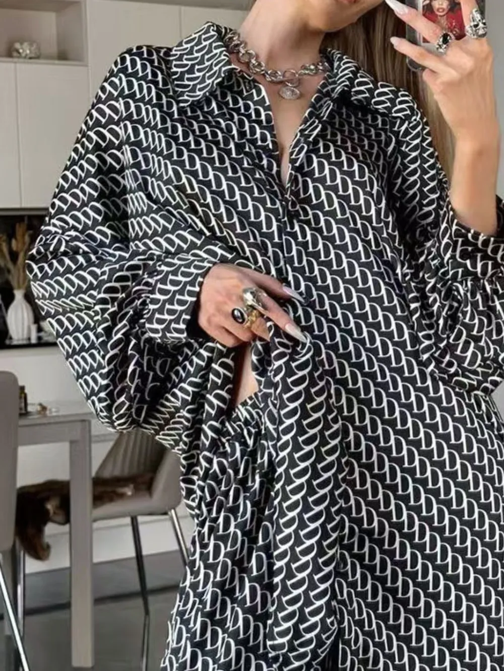 Printed Button Up Shirt and Pants Set, image 3