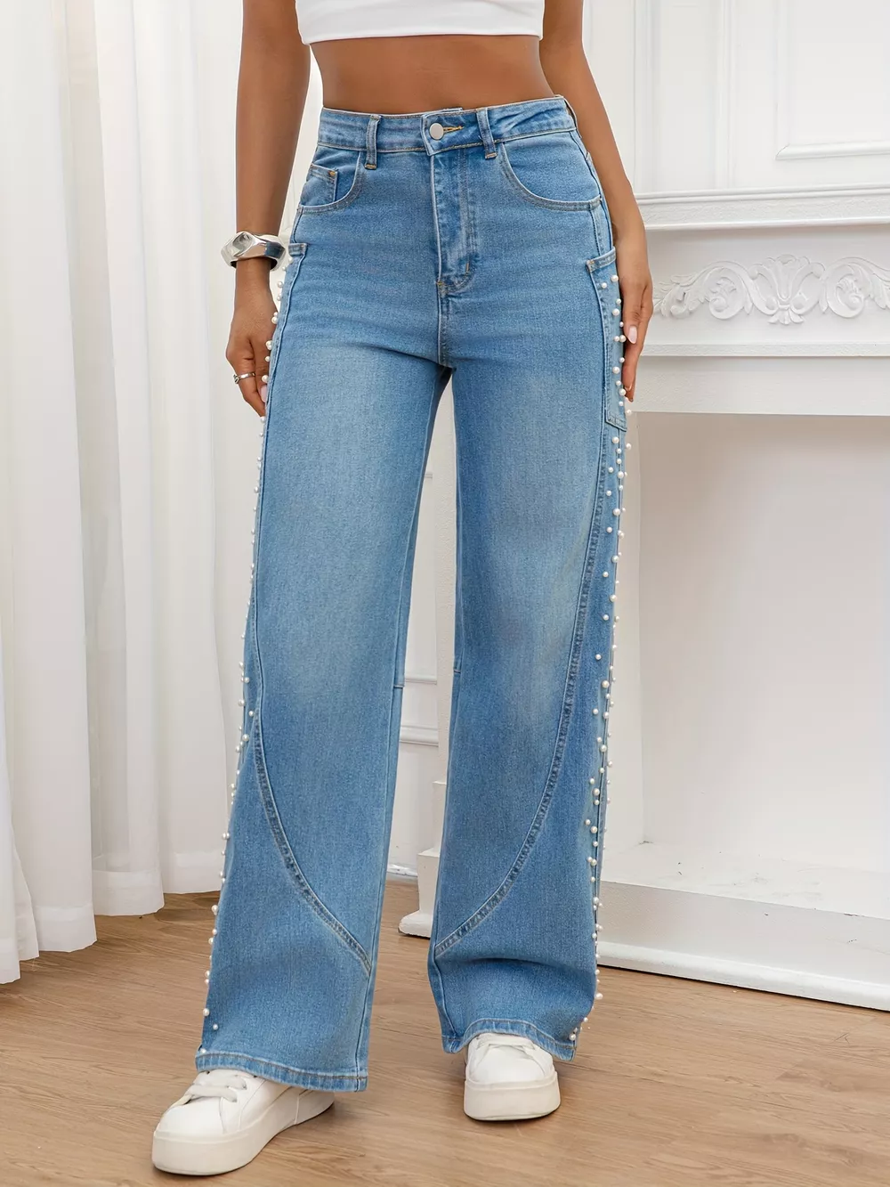 Pearl Embellished Wide Leg Jeans, image 3