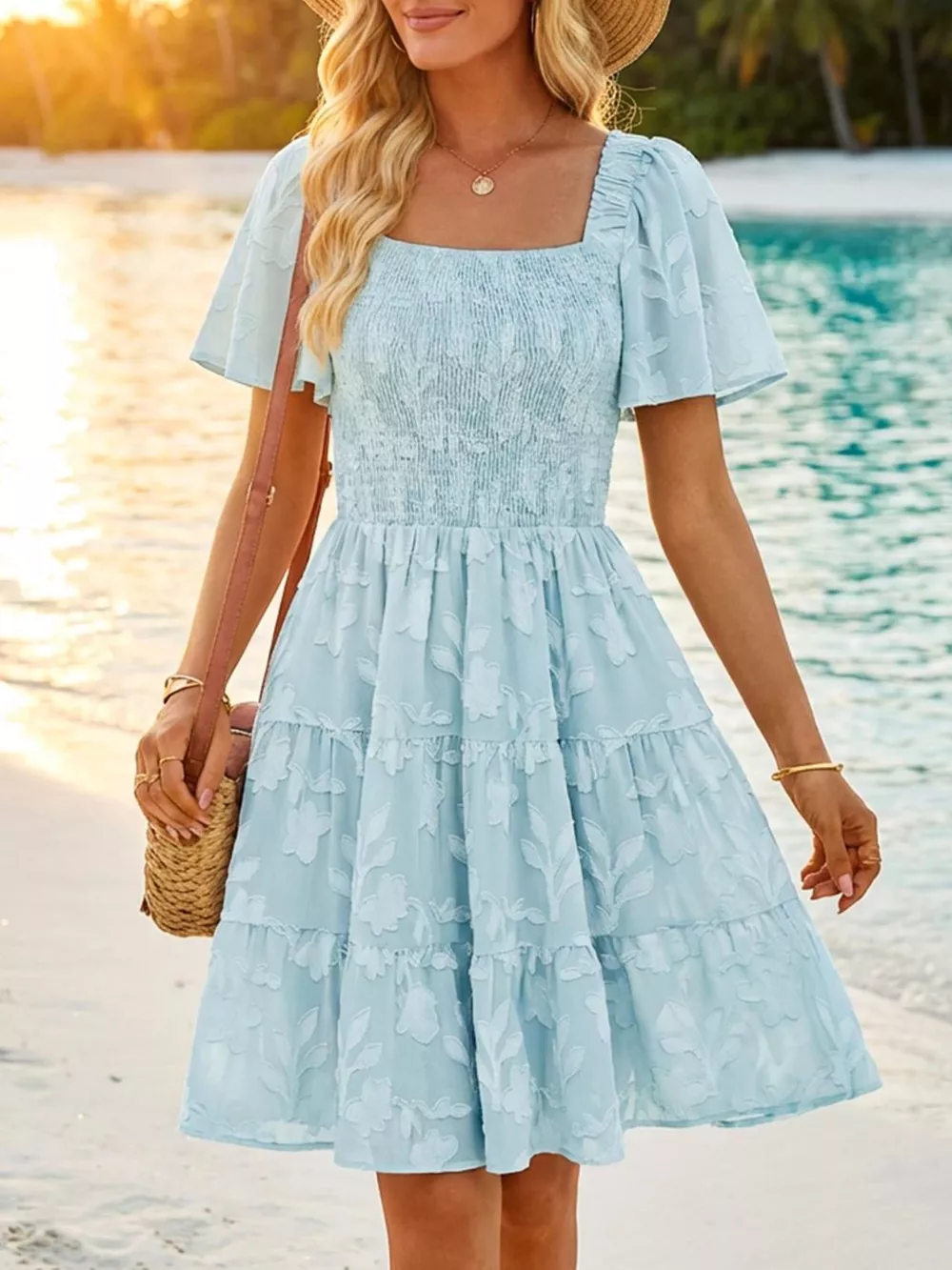 Smocked Square Neck Tiered Mini Dress, image 2