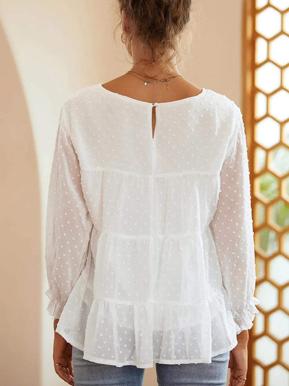 Swiss Dot Ruffled Round Neck Long Sleeve Blouse, image 2