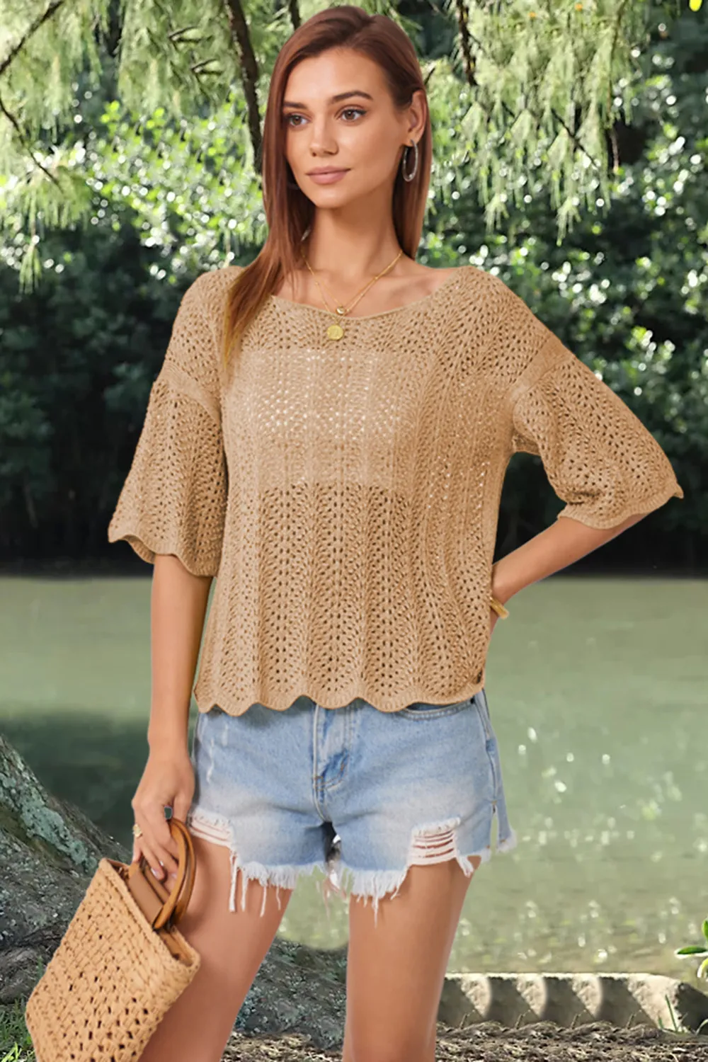 Openwork Round Neck Half Sleeve Knit Top, image 4