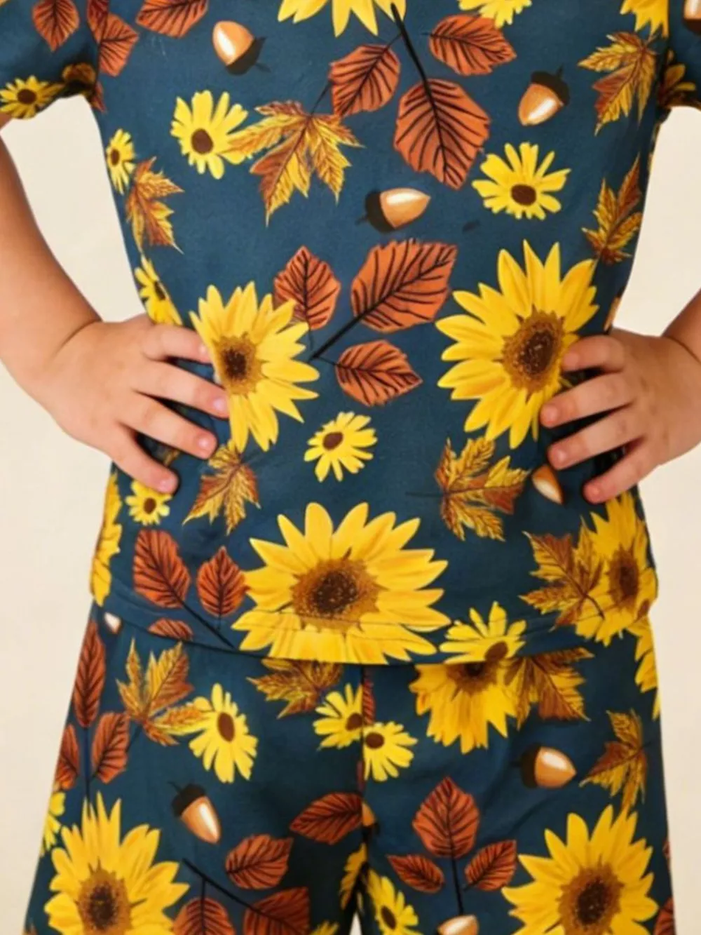Children's Sunflower & Autumn Leaves Print Tee and Shorts Set, image 2