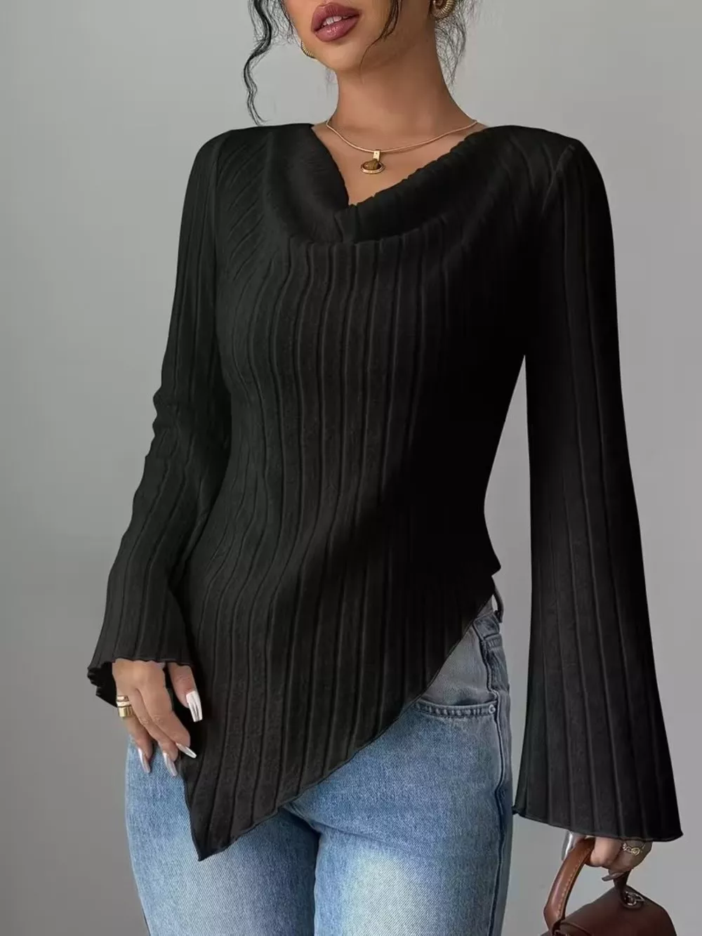 Cowl Neck Ribbed Knit Top, image 7