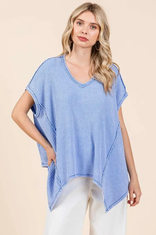 Mineral Wash Waffle Knit Pointed Hem Oversized Top