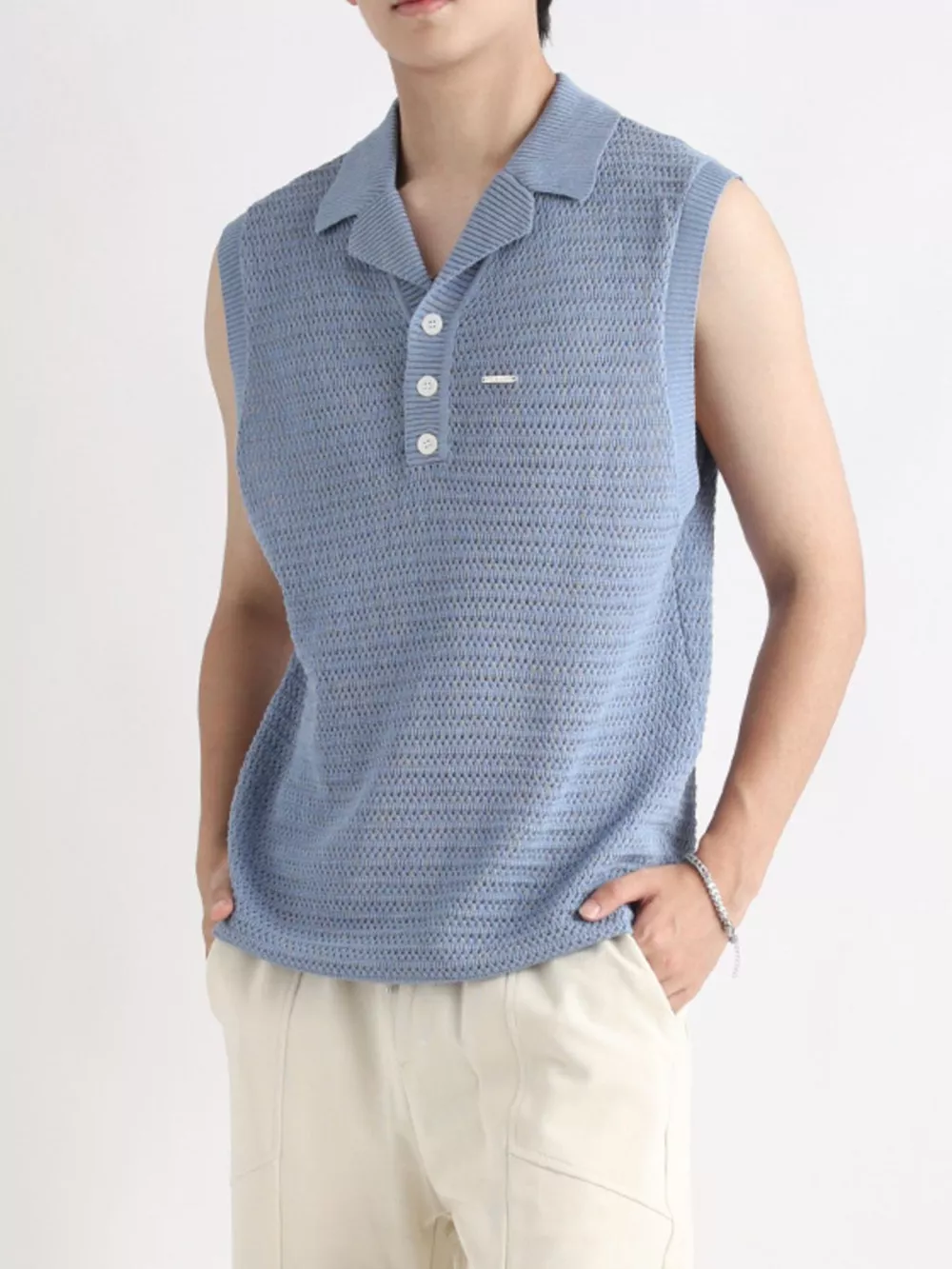 Men's Plus Size Breathable Knit Polo Collar Tank, image 2