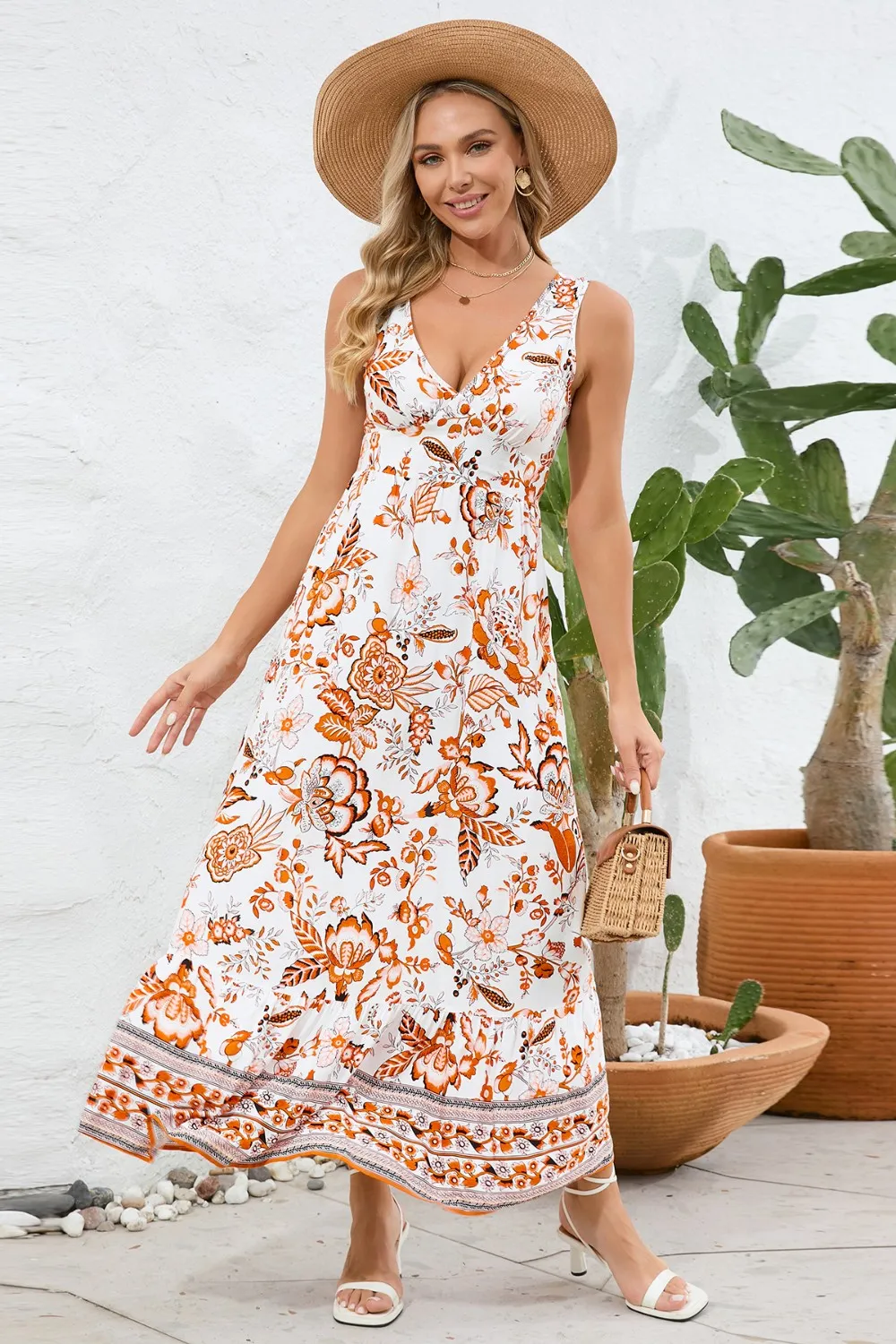 Printed V-Neck Wide Strap Dress, image 9