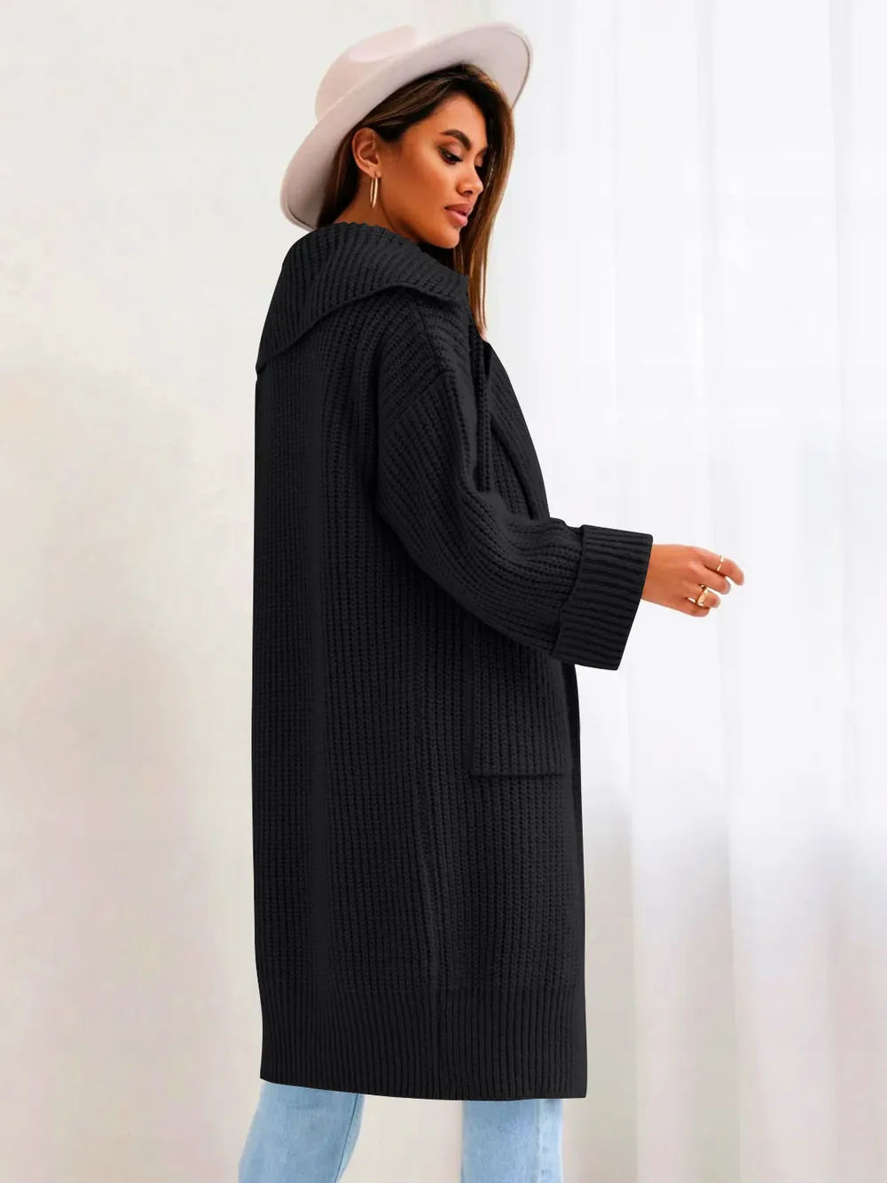 Pocketed Collared Neck Dropped Shoulder Cardigan, image 11