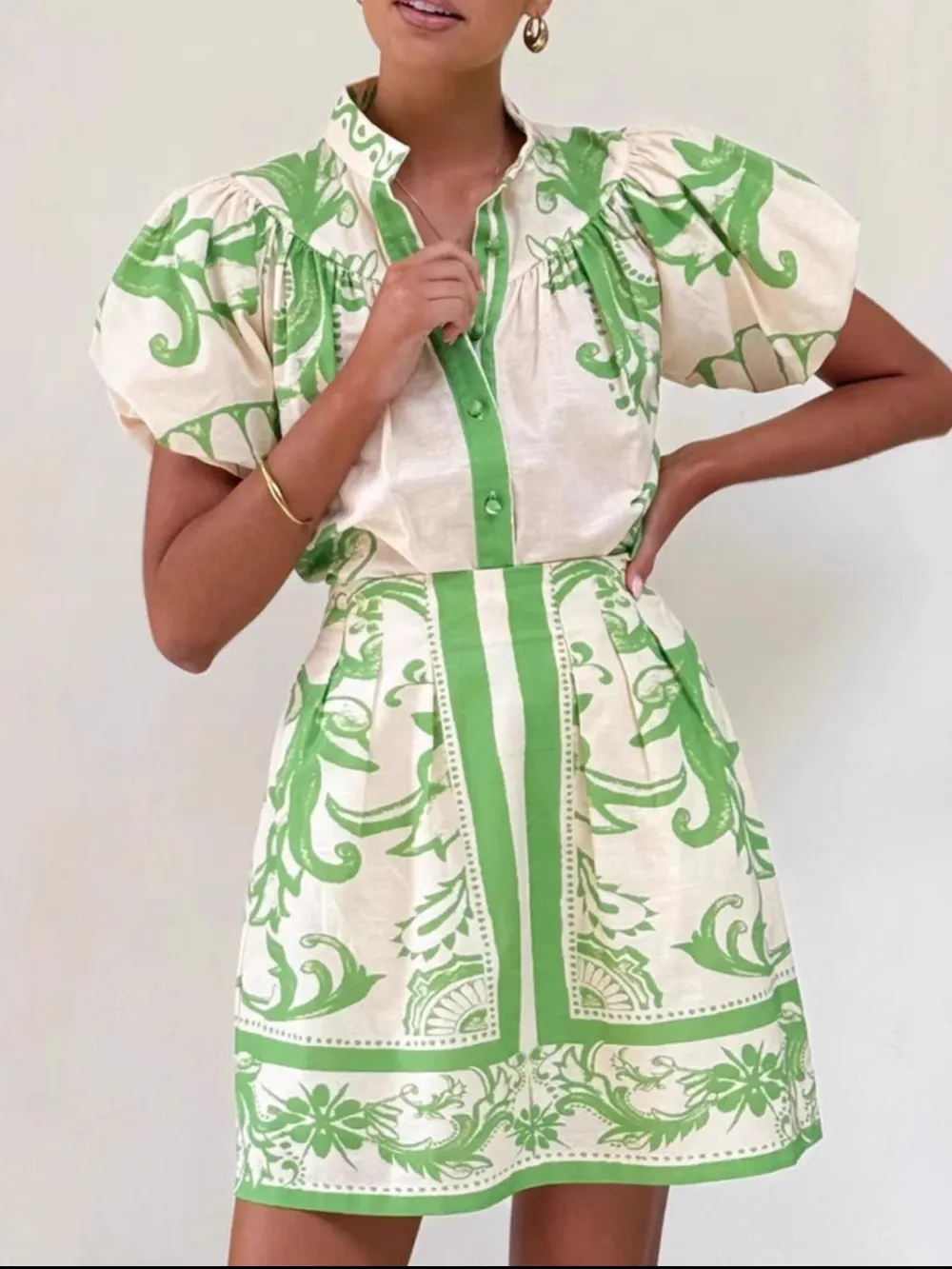 Printed Puff Sleeve Top and Skirt Set, image 7