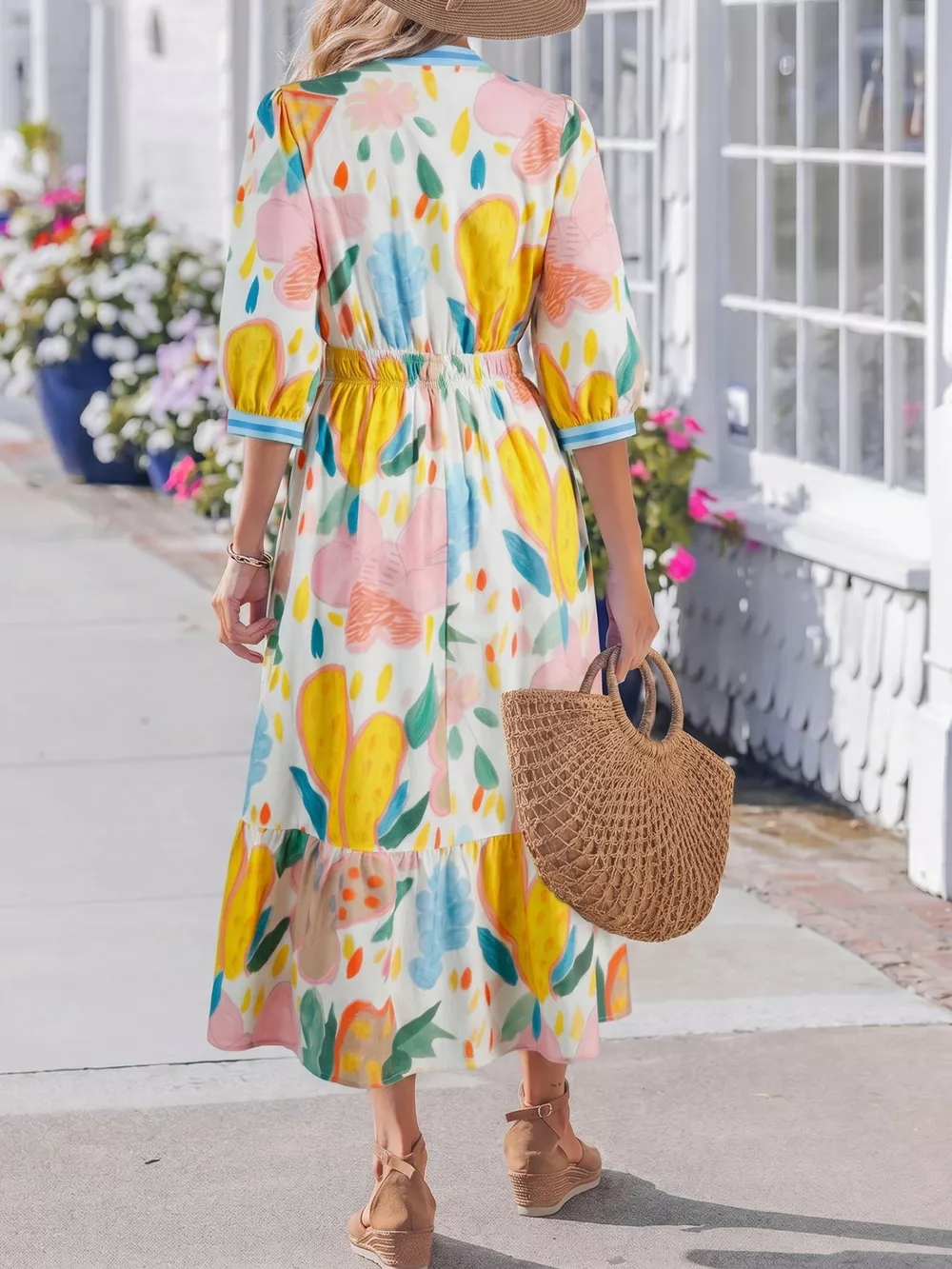 Multicolour Floral Doodle Print Striped Trim V Neck Midi Dress, image 2