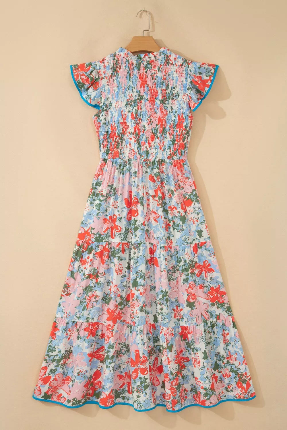 Floral Print V Neck Contrast Trim Flutter Sleeve Long Dress, image 5