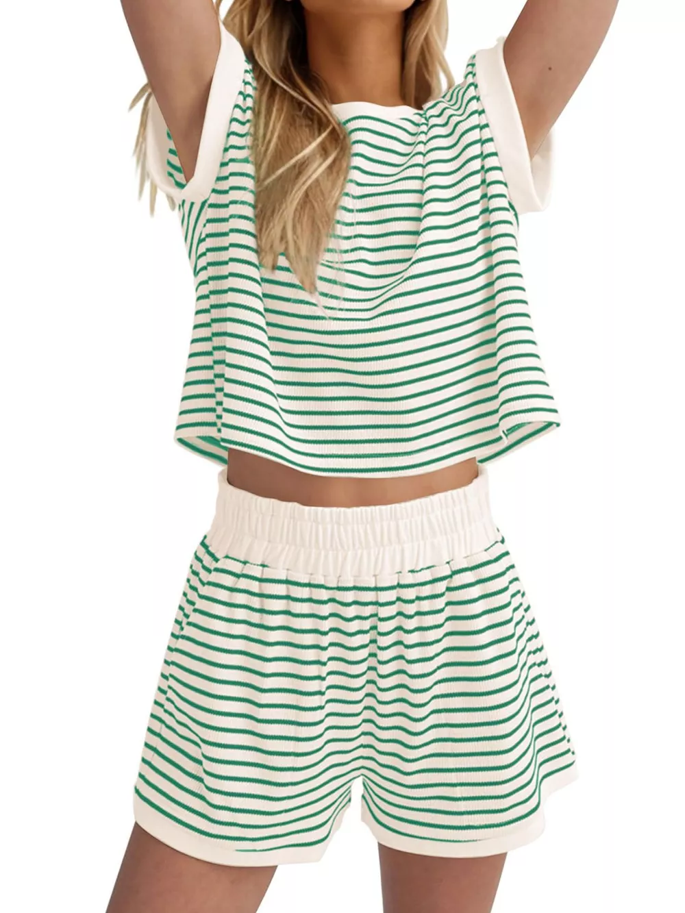 Full Size Striped Round Neck Top and Shorts Set Plus Size, image 11