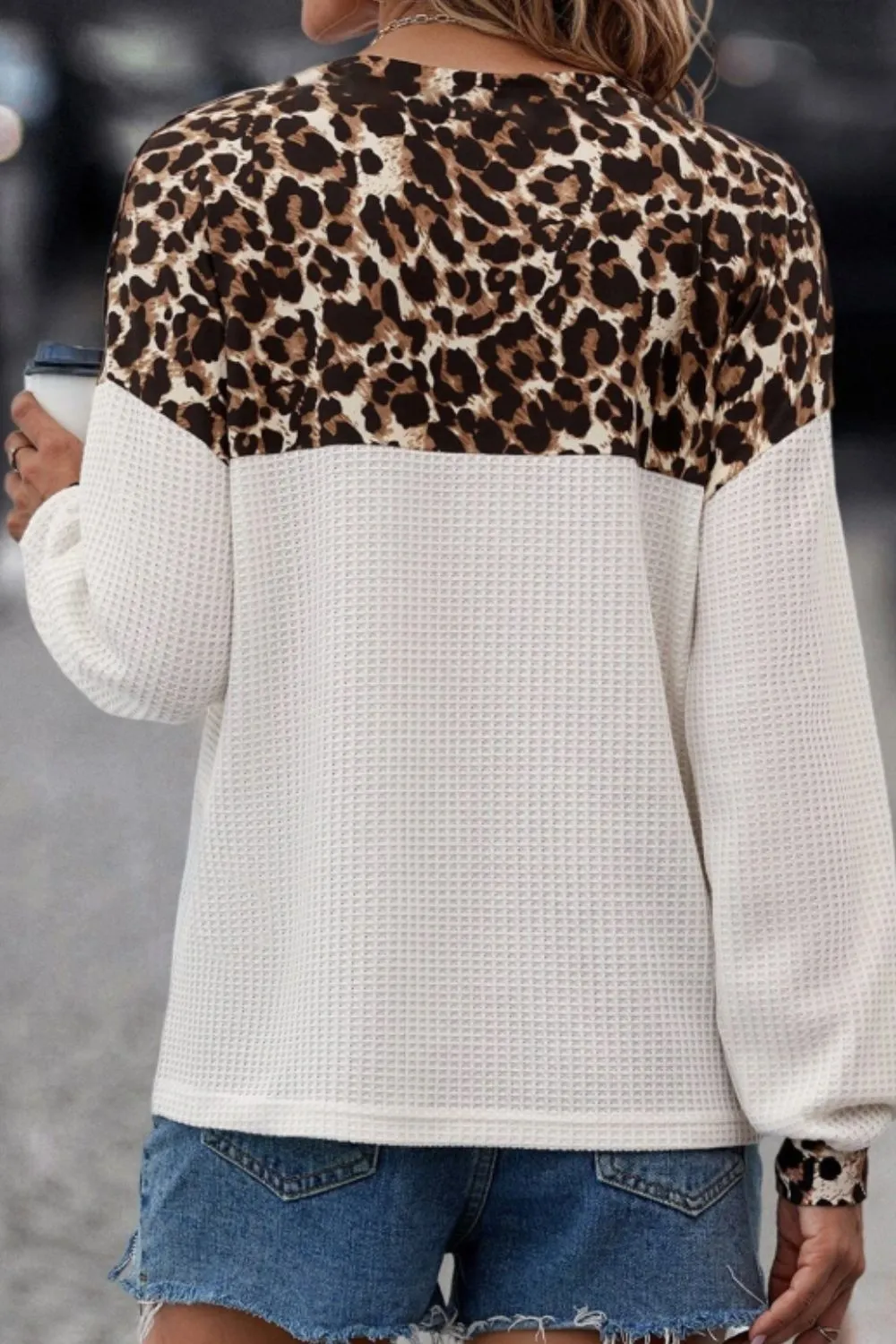 Waffle-Knit Leopard V-Neck Long Sleeve Blouse, image 4